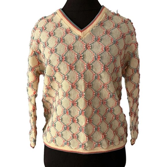 Vintage Popcorn Knit V Neck Sweater Pink Blue Cream Small - Picture 1 of 7